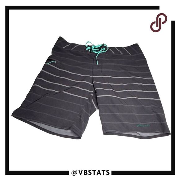 Patagonia Men's Striped Drawstring Surfing Swim Board Shorts Black Gray Size 34 - Picture 1 of 10